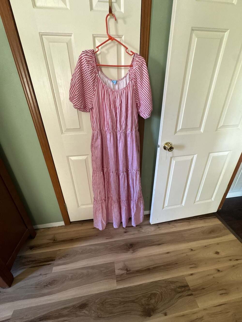 Draper James RSVP Maxi Dress Size XL Red White Stripe Tiered Puff Sleeve